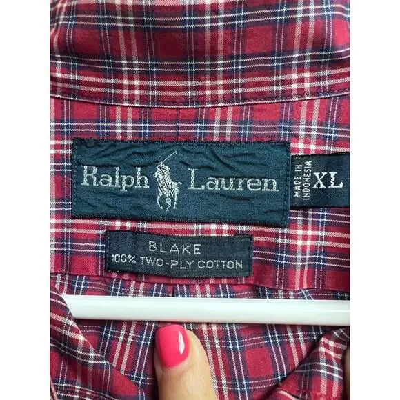 Ralph Lauren Blake 100% Two-Ply Cotton Men's Red Plaid Button Up XL - Picture 2 of 8